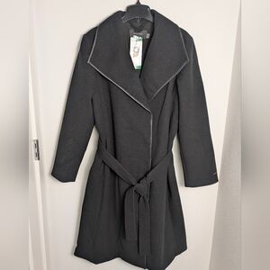 New Tahari Women's Faux-Leather-Trim Belted Wrap Coat Black XL Long Lined